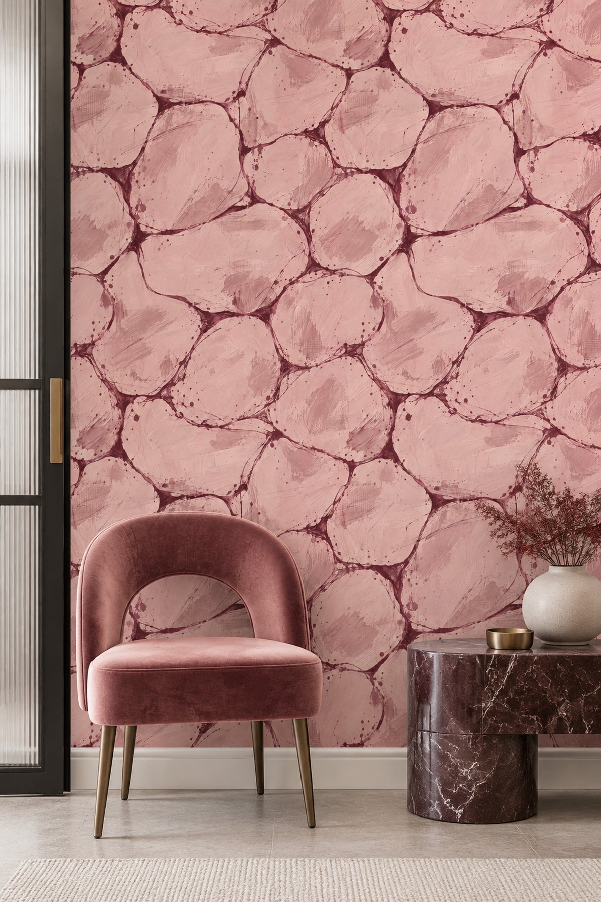 Organic Cellular Shapes Wallpaper Pink Burgundy Brush Strokes