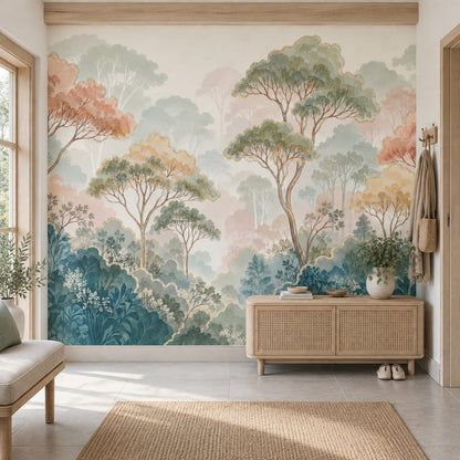 Pastel Forest Trees Wallpaper Gold Outline Botanical Wall Mural