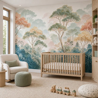 Pastel Forest Trees Wallpaper Gold Outline Botanical Wall Mural