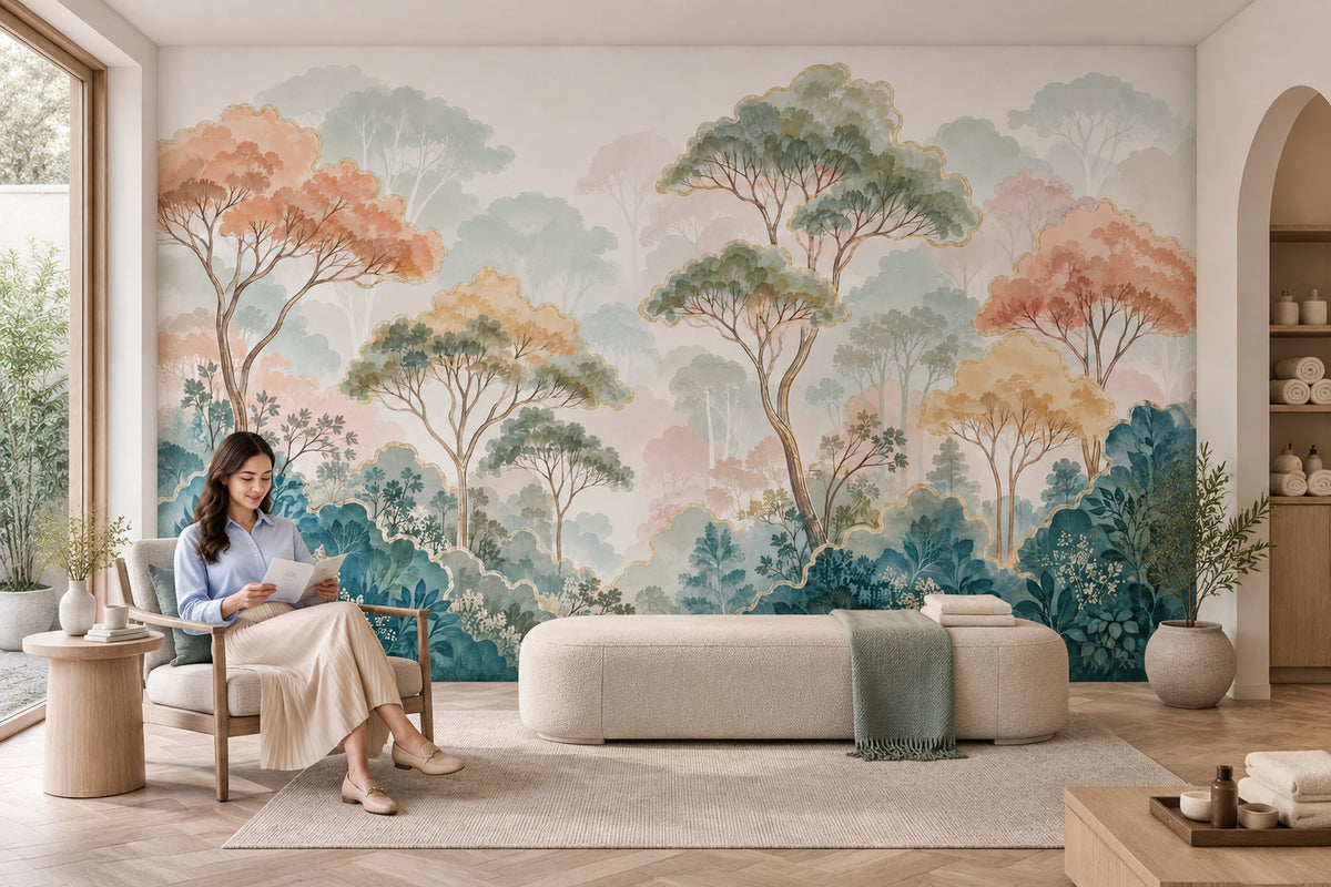 Pastel Forest Trees Wallpaper Gold Outline Botanical Wall Mural