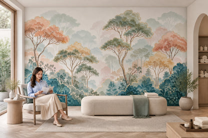 Pastel Forest Trees Wallpaper Gold Outline Botanical Wall Mural