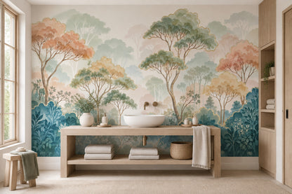 Pastel Forest Trees Wallpaper Gold Outline Botanical Wall Mural