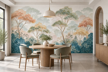 Pastel Forest Trees Wallpaper Gold Outline Botanical Wall Mural