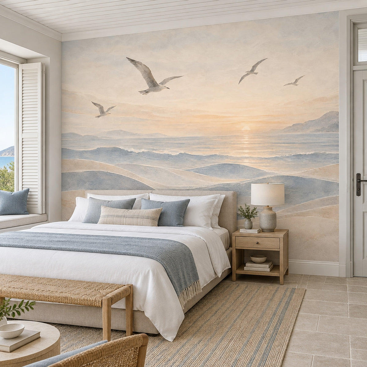Seagulls Over Sunset Ocean Wallpaper Coastal Landscape Wall Mural