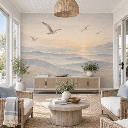 Seagulls Over Sunset Ocean Wallpaper Coastal Landscape Wall Mural