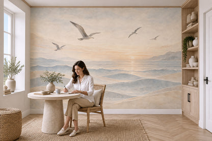 Seagulls Over Sunset Ocean Wallpaper Coastal Landscape Wall Mural
