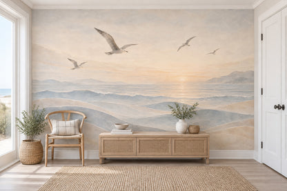 Seagulls Over Sunset Ocean Wallpaper Coastal Landscape Wall Mural