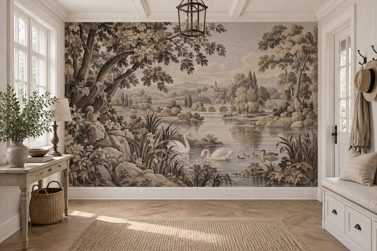 Sepia Swan Lake Wallpaper Engraved Vintage Wall Mural