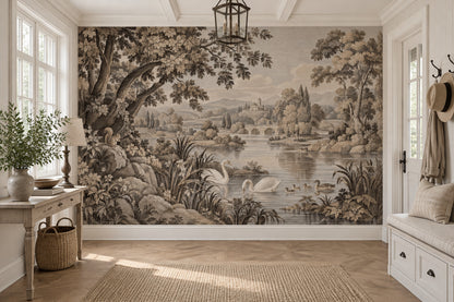 Sepia Swan Lake Wallpaper Engraved Vintage Wall Mural