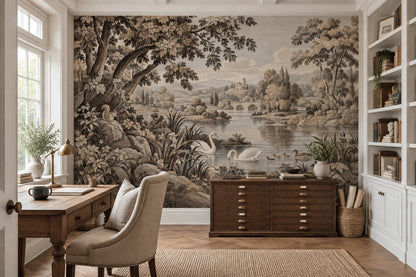 Sepia Swan Lake Wallpaper Engraved Vintage Wall Mural