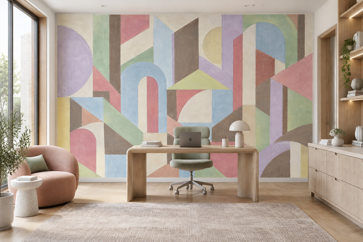 Pastel Arches And Geometric Blocks Wallpaper Bauhaus Inspired Wall Mural