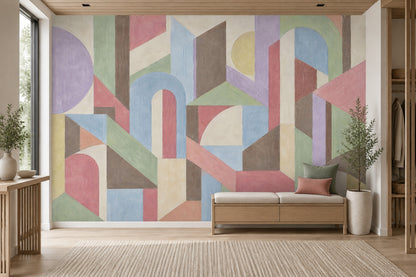 Pastel Arches And Geometric Blocks Wallpaper Bauhaus Inspired Wall Mural