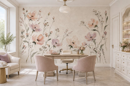 Pastel Wildflower Stems Wallpaper Muted Green Botanical Wall Mural
