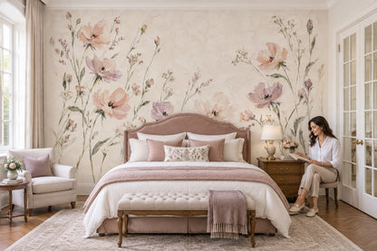 Pastel Wildflower Stems Wallpaper Muted Green Botanical Wall Mural