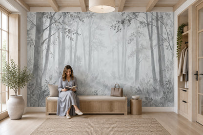 Misty Forest Trees Wallpaper Watercolor Landscape Wall Mural