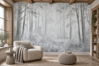 Misty Forest Trees Wallpaper Watercolor Landscape Wall Mural