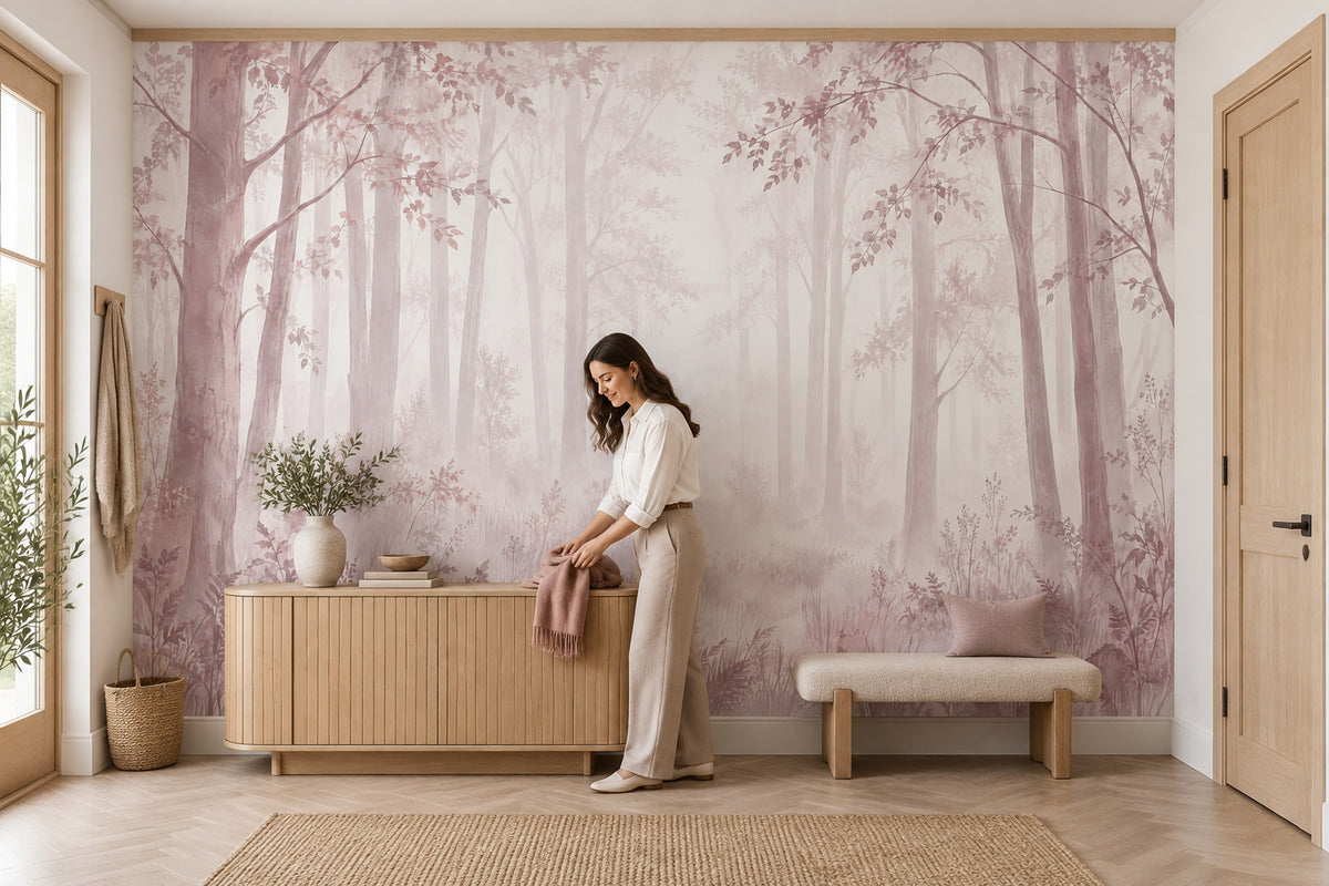 Misty Forest Trees Wallpaper Watercolor Landscape Wall Mural
