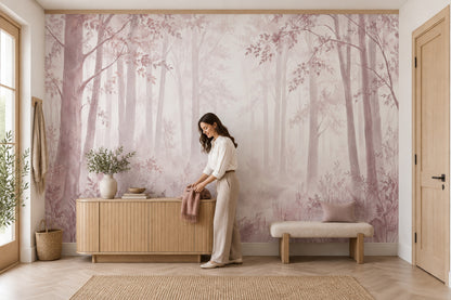Misty Forest Trees Wallpaper Watercolor Landscape Wall Mural