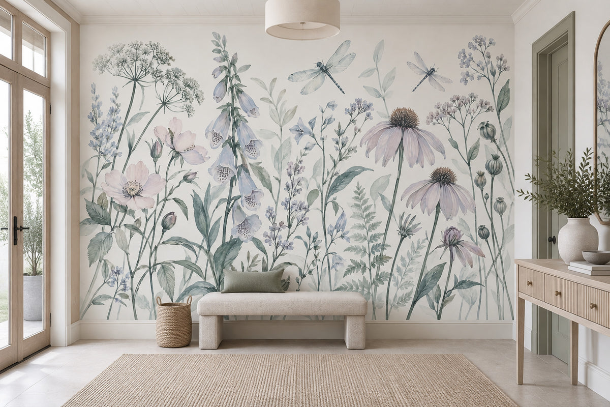 Watercolor Wildflowers Wallpaper White Background Botanical Wall Mural
