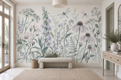 Watercolor Wildflowers Wallpaper White Background Botanical Wall Mural