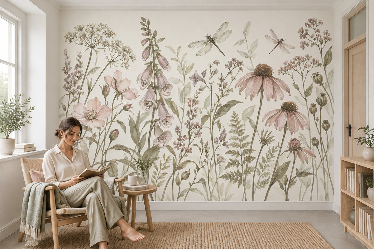 Watercolor Wildflowers Wallpaper Ivory Botanical Wall Mural