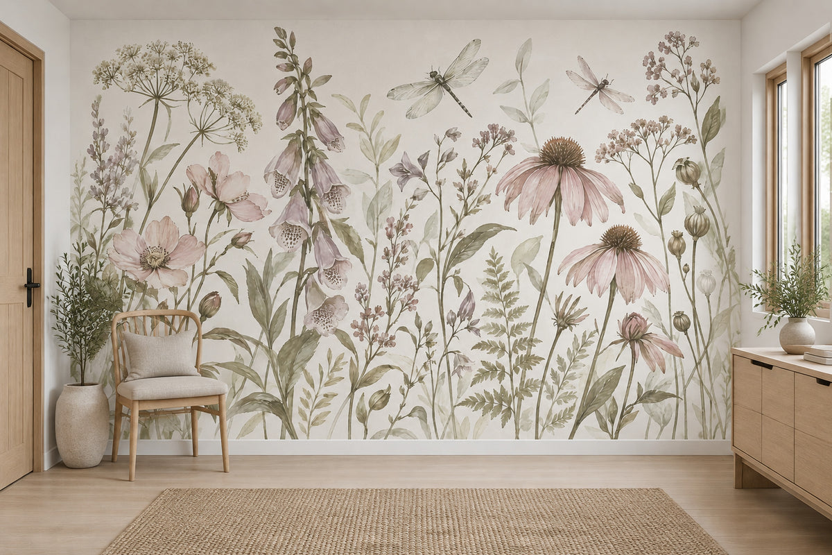Watercolor Wildflowers Wallpaper Ivory Botanical Wall Mural