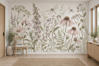 Watercolor Wildflowers Wallpaper Ivory Botanical Wall Mural