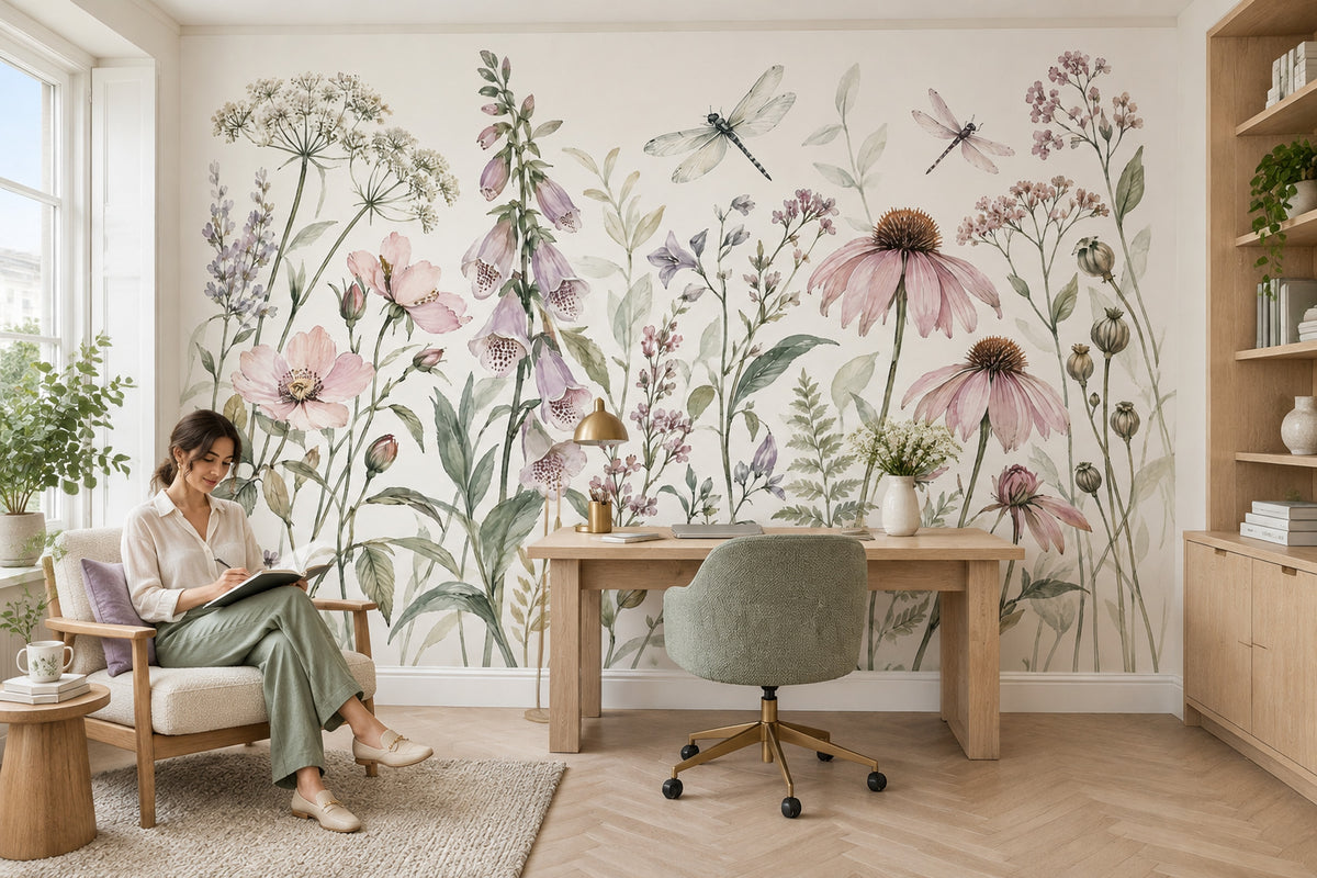 Wildflower And Dragonflies Wallpaper Watercolor Botanical Wall Mural