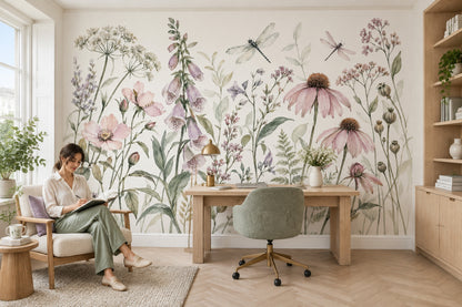 Wildflower And Dragonflies Wallpaper Watercolor Botanical Wall Mural