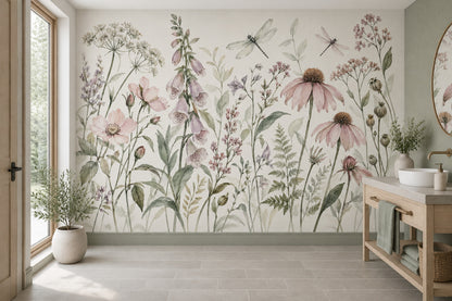 Wildflower And Dragonflies Wallpaper Watercolor Botanical Wall Mural
