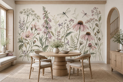 Wildflower And Dragonflies Wallpaper Watercolor Botanical Wall Mural