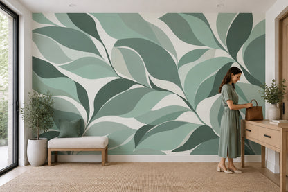 Abstract Leaf Forms Wallpaper Muted Green Wall Mural