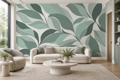 Abstract Leaf Forms Wallpaper Muted Green Wall Mural