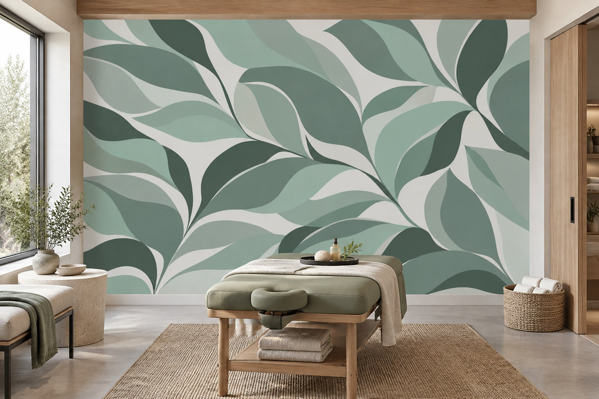 Abstract Leaf Forms Wallpaper Muted Green Wall Mural