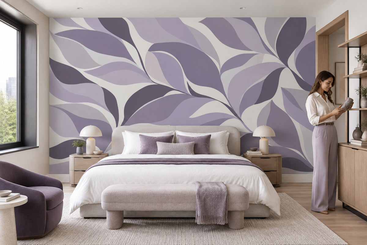 Abstract Layered Leaves Wallpaper Purple Botanical Wall Mural