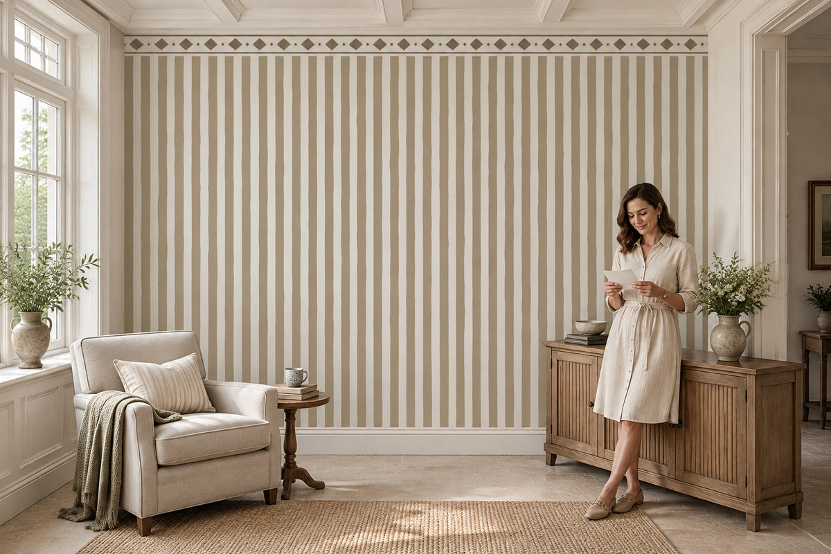 Diamond Trellis Stripes Wallpaper Neutral Border Wall Mural