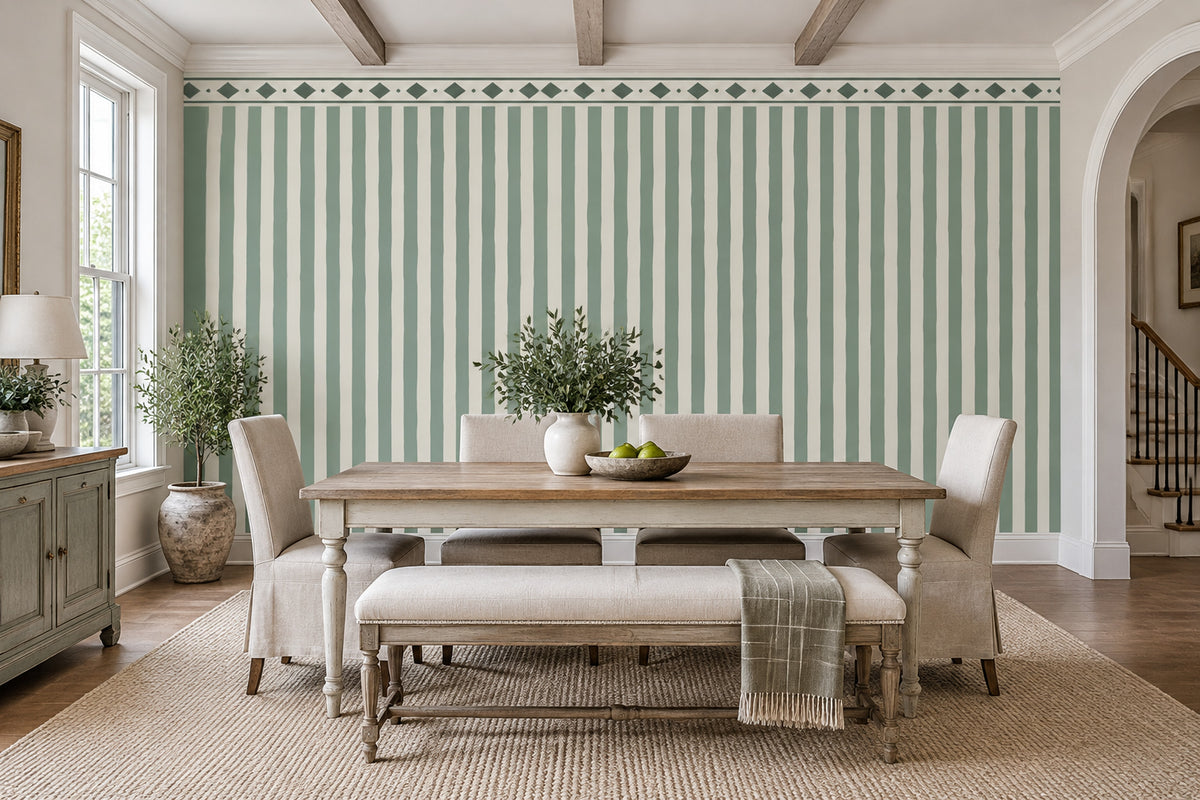 Sage Green Vertical Stripes Wallpaper Geometric Border Wall Mural