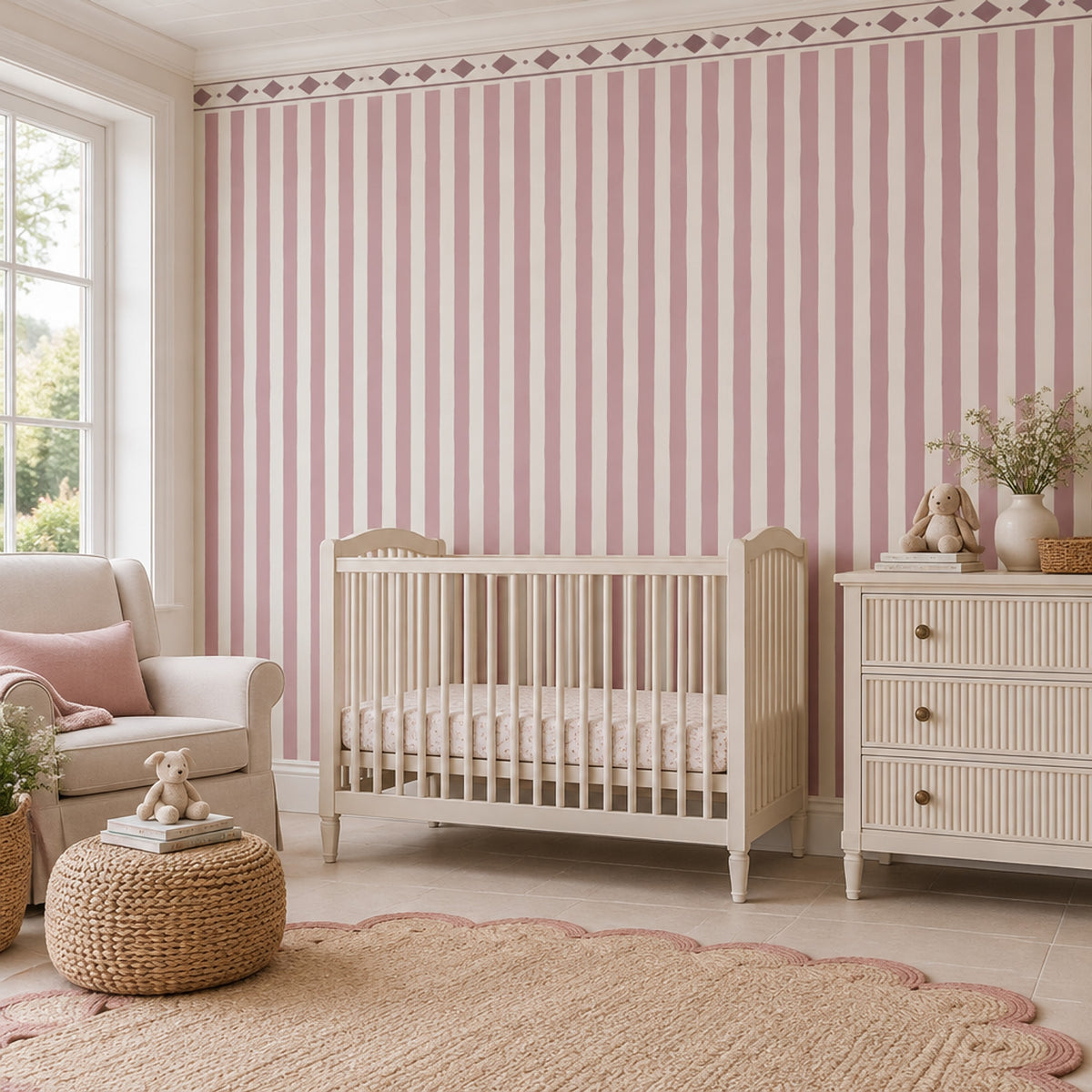 Pink Vertical Stripes Wallpaper Diamond Border Wall Mural