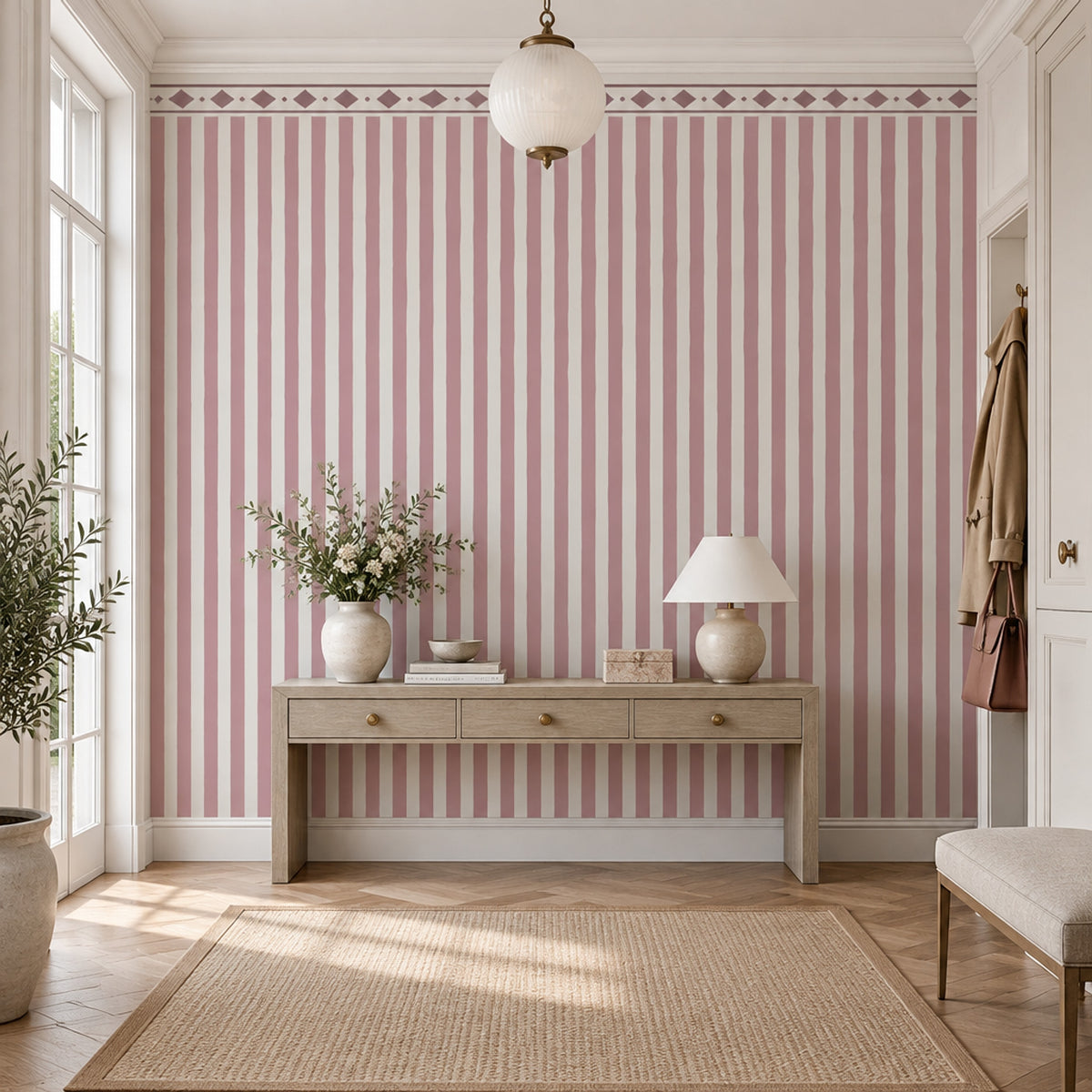 Pink Vertical Stripes Wallpaper Diamond Border Wall Mural