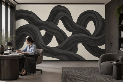 Black Ribbon Loops Wallpaper Organic Curves Wall Mural