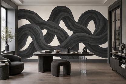Black Ribbon Loops Wallpaper Organic Curves Wall Mural
