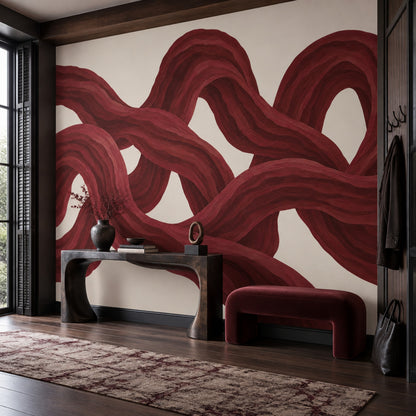 Flowing Red Ribbons Wallpaper Burgundy Cream Wall Mural