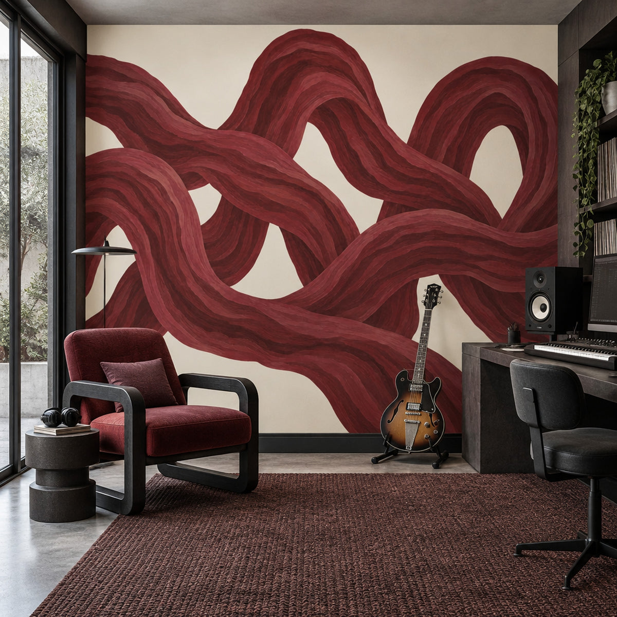 Flowing Red Ribbons Wallpaper Burgundy Cream Wall Mural