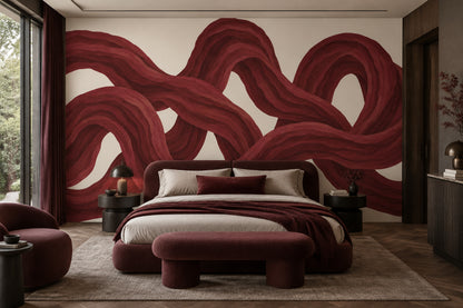 Flowing Red Ribbons Wallpaper Burgundy Cream Wall Mural