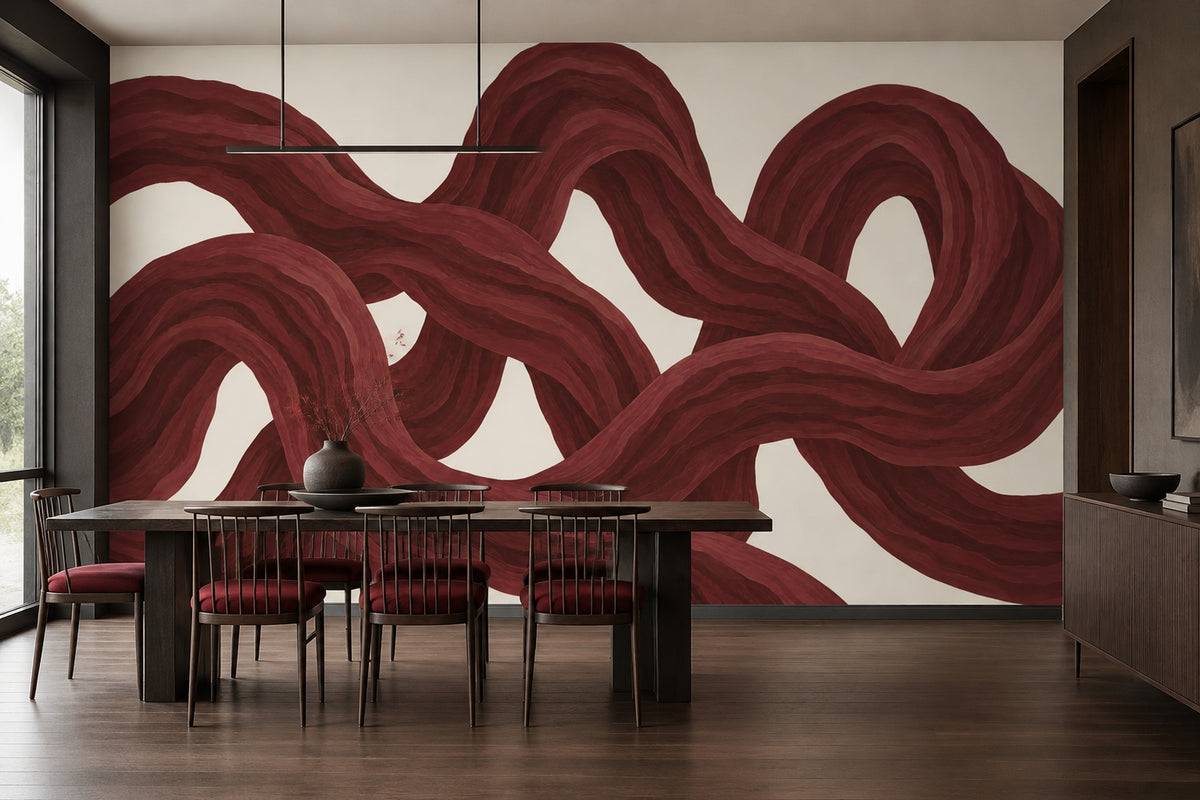Flowing Red Ribbons Wallpaper Burgundy Cream Wall Mural