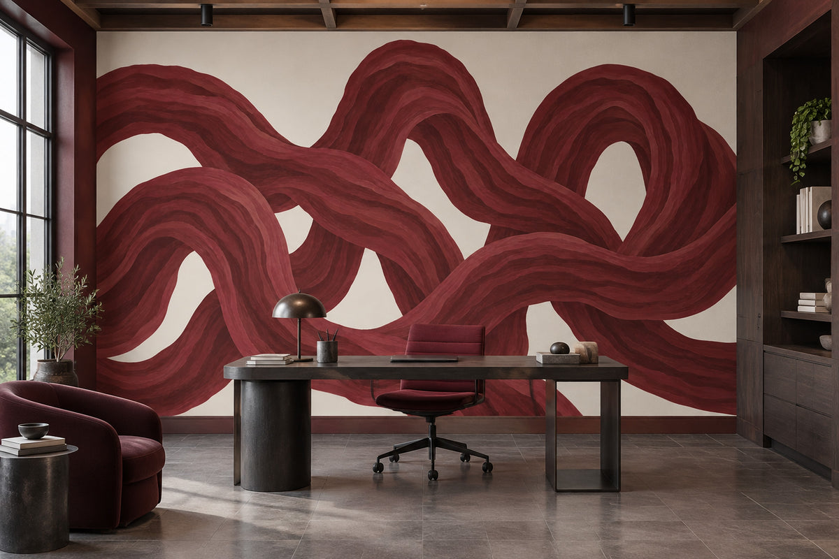 Flowing Red Ribbons Wallpaper Burgundy Cream Wall Mural