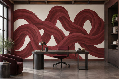 Flowing Red Ribbons Wallpaper Burgundy Cream Wall Mural