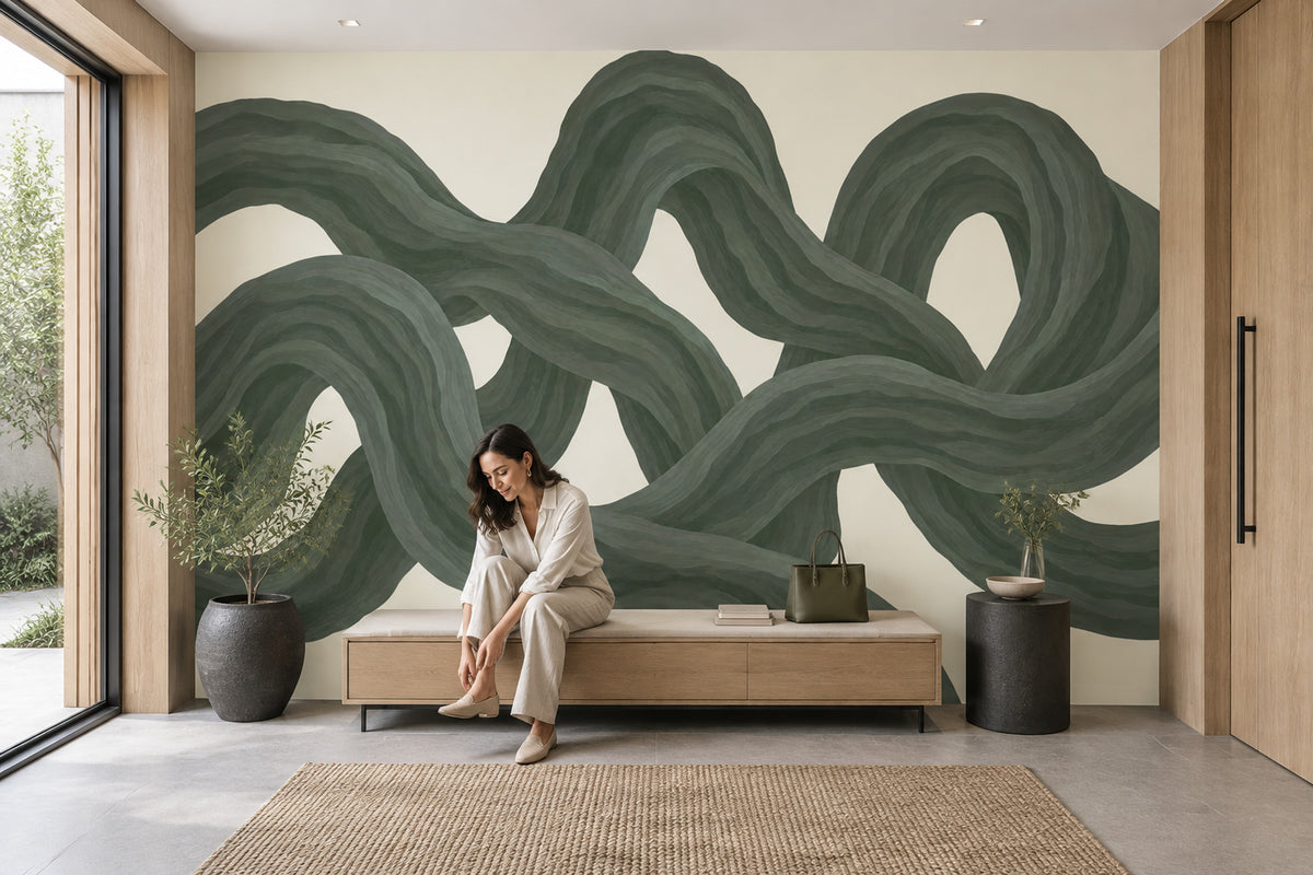 Intertwined Green Ribbons Wallpaper Organic Curves Wall Mural