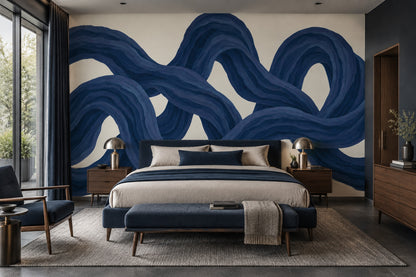 Looping Blue Ribbons Wallpaper Modern Painterly Wall Mural