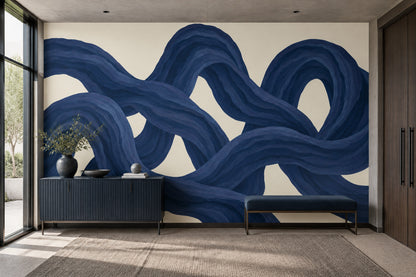 Looping Blue Ribbons Wallpaper Modern Painterly Wall Mural